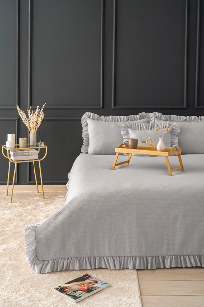 Eva Double Pique Bedspread Set Gray - Cotton Ruffled Daily Bedspread Set - Stylish Box and Package