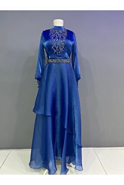miss Elegans Stone Detailed Chiffon Camel Evening Dress- Trendyol