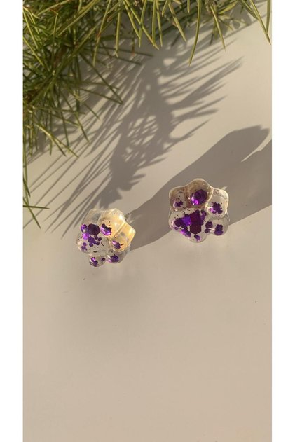 Purple Color Glitter in Transparent Epoxy Cat Dog Paw Shaped Earrings Handmade with Silver Accessories