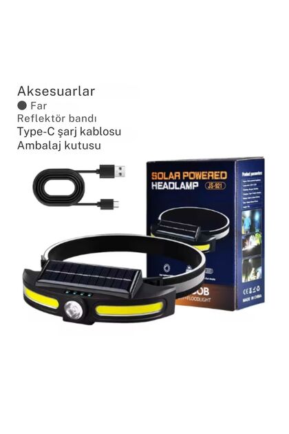 Solar Şarjlı Su Geçirmez Kafa Feneri - USB Şarjlı, 14500 Pil, Çift Işık Kaynağı or-921