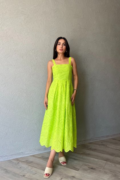 Oil Green Strap Apparatus Detailed Embroidered Dress
