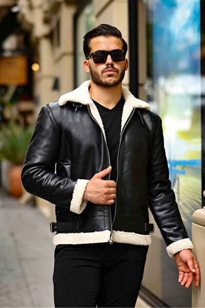 gm giyimarket Men's Slim Fit Napa Leather Coat Jacket Full Fur