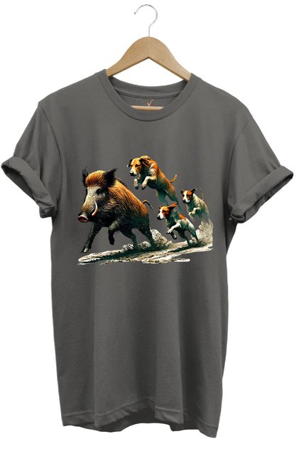 Hunting Hunter Pig Hunting and Hunting Dogs Printed Regular Fit 100% Cotton Gray T-Shirt