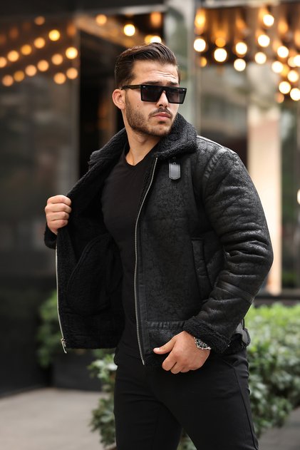 Palton și jachetă slim fit din piele Napa pentru bărbați, cu căptușeală integrală din blană