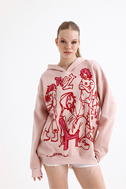 Pink Harajuku Anime Pattern Printed Hooded Oversize Sweatshirt