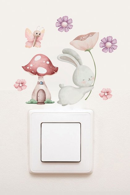 Çocuk Odası Duvar Priz Sticker Mini Boy Sticker - Tüm Yüzeylere Yapışan Mini Sticker Tavşan