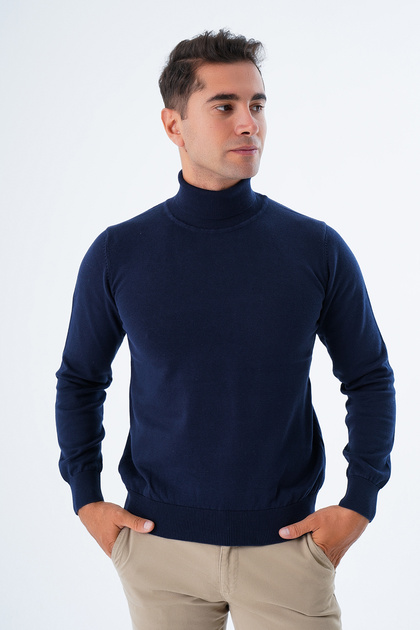 Men's Navy Blue 100% Cotton Turtleneck Sweater Trist-1105