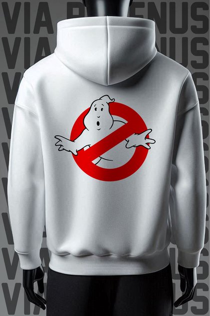 Ghost Busters Front and Back Printed 3 Yarn Wide Pattern White Hooded Sweatshirt