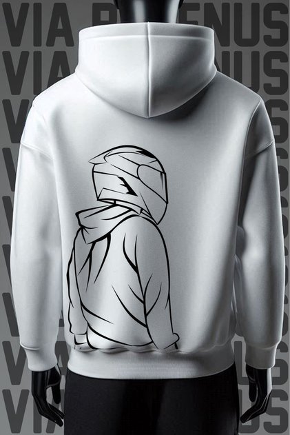 Motorcyclist and Motorcycle Front and Back Printed 3 Thread Wide Fit White Hooded Sweatshirt