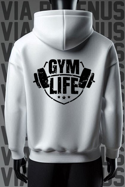 سويت شيرت أبيض بقلنسوة من Gym Life مطبوع من الأمام والخلف بثلاثة خيوط وقصة واسعة