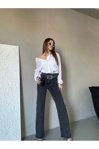Kadın Yüksek Bel Kemer Tokalı Bel Püskül Paça Püskül Gri Kar Yıkama Likralı Palazzo Jean