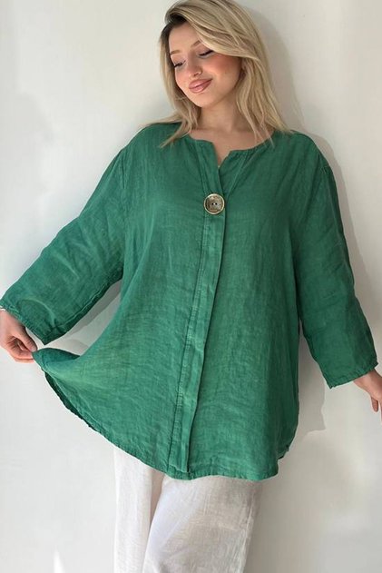 Women's Italian Green Retro Button Detailed Oversize Loose Linen Blouse Tunic