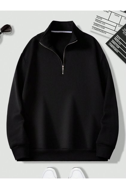 Unisex Erkek/Kadın Düz Renkli Dik Yaka Yarım Fermuarlı Pamuklu Oversize Sweatshirt