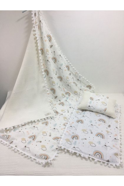 Krem , Muslin Ve Ponponlu Alt Açma , Yastık Ve Battaniye 3'lü Set