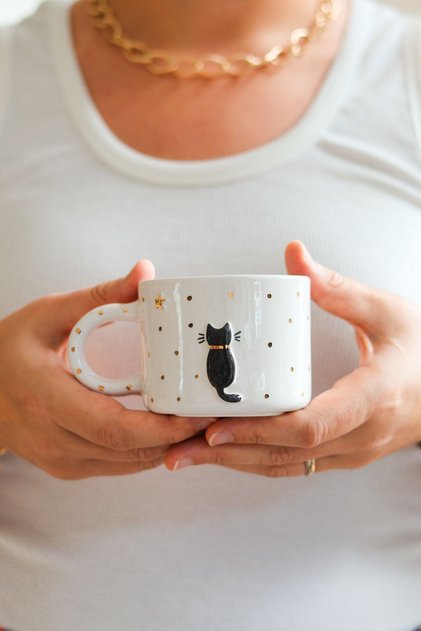 Cat Series Cat Patterned Handmade 200ml Mug and Plate with Gold Details
