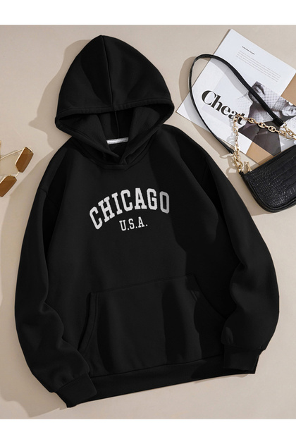 Black Hooded Chicago Usa Printed Sweatshirt Unisex Hoodie Trend