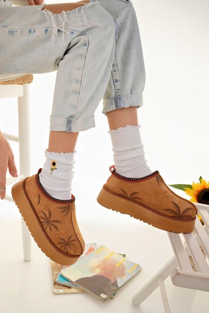 Women's Tan Suede Patterned Fur Mini Ankle Boots
