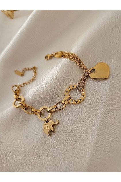 Steel Bracelet Chain Bracelet Charm Elephant Motif Heart Bracelet Steel Non-Tarnish 316L Bracelet