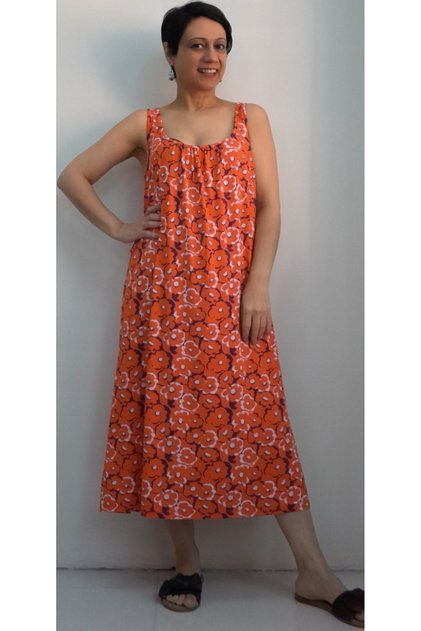Orange Patterned Front and Back Gathered Strap Dress in Combed Viscose Fabric