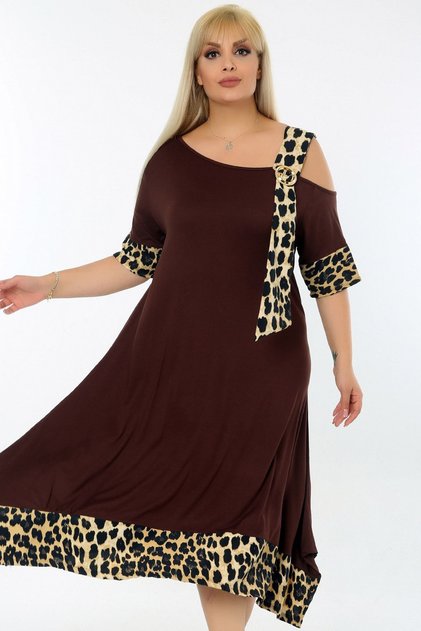 Shoulder Low-cut Buckle Leopard Pattern Lycra Asymmetrical Stylish Dress