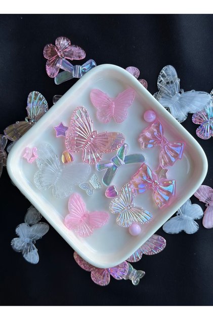 25 Adet Şeffaf Pembe Beyaz Janjanlı Hareli Parlak Karışık Renkli Parlak Plastik Akrilik Boncuk