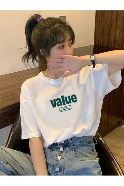 Women's White Value Printed Oversize T-Shirt