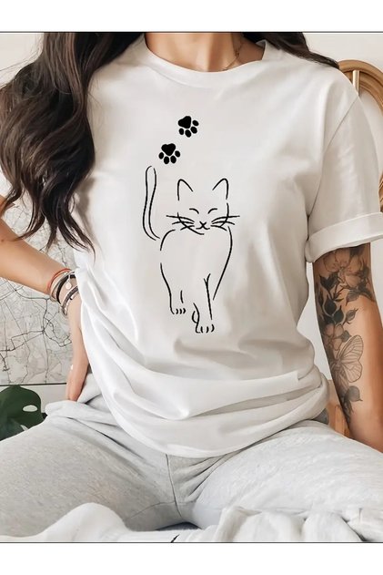 Women's White Whiskered Cat Printed Oversize T-Shirt