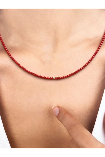 14 Ayar Yuvarlak Kesim Mercan Taşlı Minimal Altın Şans Kolyesi