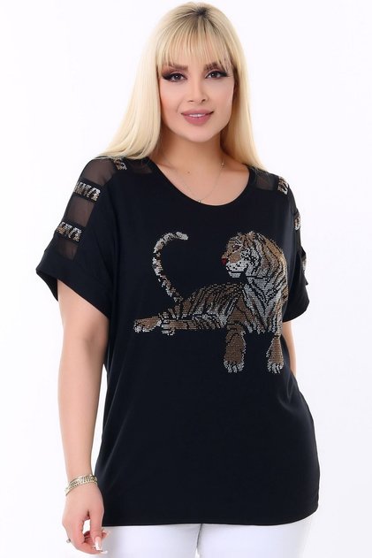 Bluză de mărime mare din lycra, elastică, elegantă și cool, cu mâneci imprimate cu piatră de tigru, cu dungi din tul, cu decolteu rotund