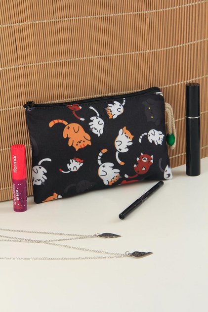 Cute Cat Patterned Pencil Case Zippered Makeup Bag, Large Size 14 cm x 23 cm