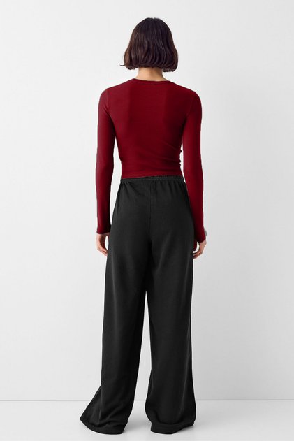 Kadın 2'li Bisiklet Yaka Basic Ultra Soft %100 Pamuk Uzun Kol Bluz - Beyaz Bordo 2