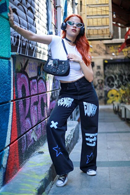 Touz Moda Siyah Nakışlı Retro Gothpunk Rock Bol Paça Pantolon