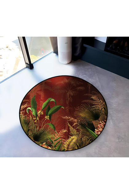 Burgundy Theme Forest and Plant Patterned Round Woven Base Modern Decorative Carpet 6141