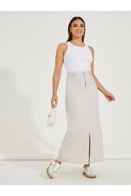 Solid Maxi Skirt with Front Slit & Pockets