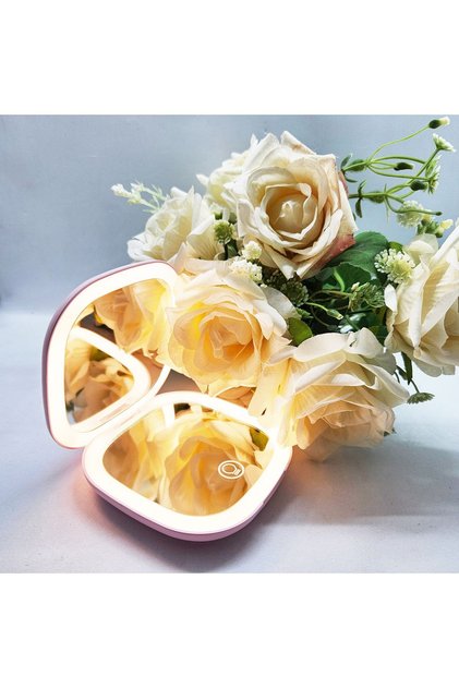 Led Işıklı - Pembe Makyaj Aynası - Yakınlaştırma Özellikli , Cep, Çanta Makyaj Aynası