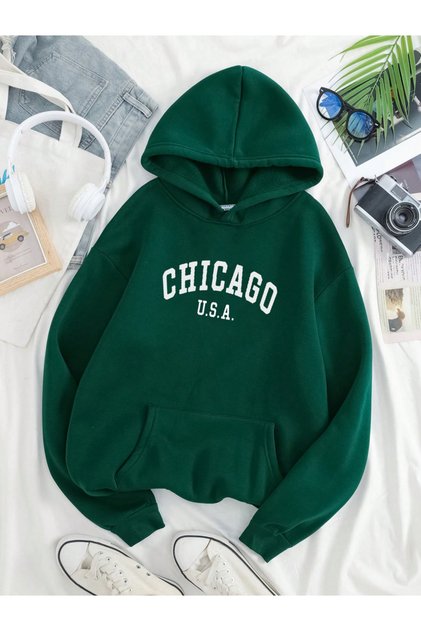 YEŞİL KAPUŞONLU CHİCAGO USA BASKILI SWEATSHİRT ÜNİSEX HOODİE TREND