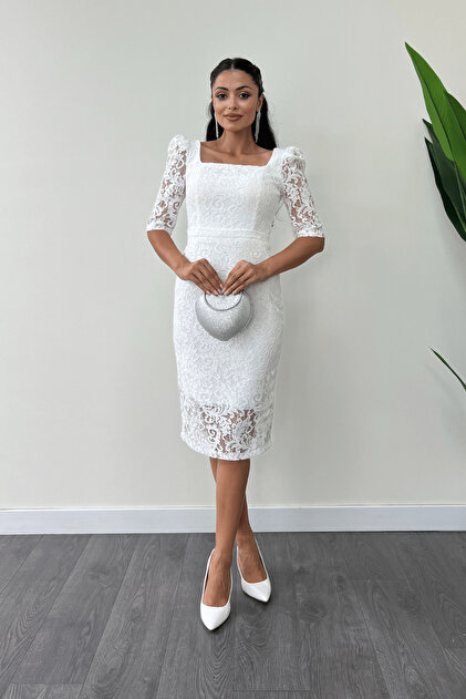 giyimmasal Lace Fabric Square Collar Pencil Evening Dress - White- Trendyol giyimmasal Lace Fabric Square Collar Pencil Evening Dress - White- Trendyol