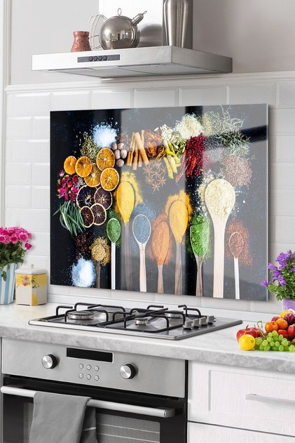 Protector din sticlă pentru spatele aragazului de bucătărie premium, protector pentru spate încorporat pentru blat 50x60cm | Lingurita pentru condimente