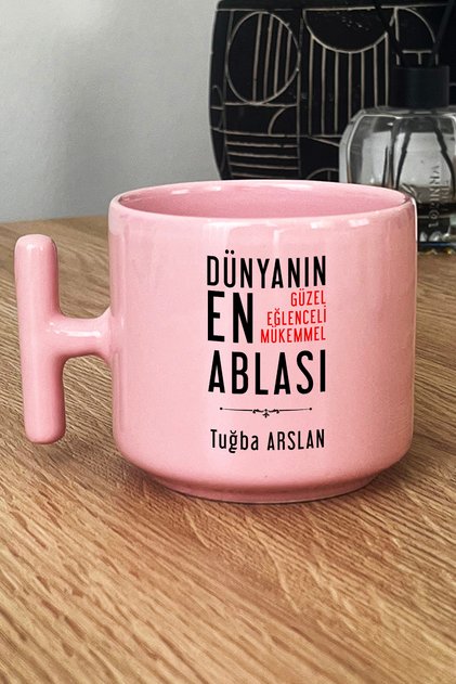 Kişiye Özel Abla Pastel T Kulplu Kupa Bardak Pembe Ablaya Doğum Günü Hediyesi