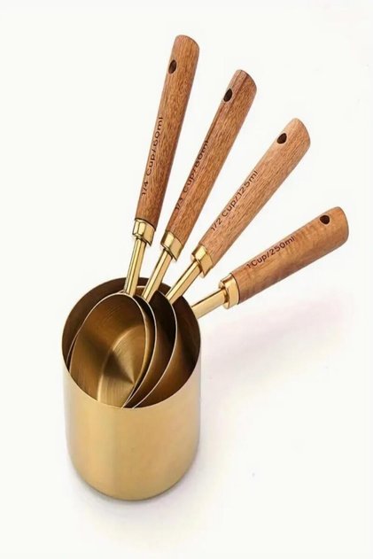 Gold Ölçü Kaşığı Seti 4lü Ahşap Saplı Ölçü Kabı 250ml-125ml-80ml-60ml