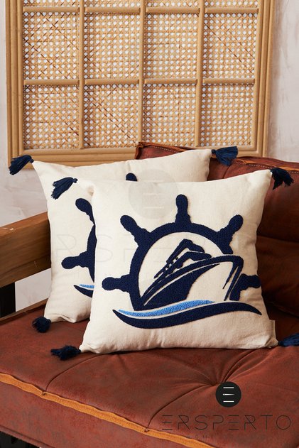Marin Series Ship Pattern Punch Pattern Embroidered Throw Pillow Cover 1 Piece 43X43Cm