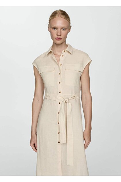 MANGO 100% linen shirt dress- Trendyol