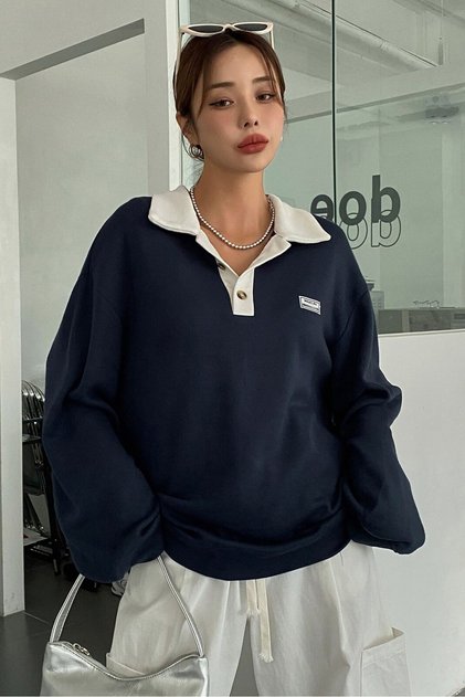 Unisex Lacivert Polo Yaka Oversize 3 İplik Şardonlu Sweatshirt