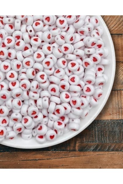 25g Flat White with Red Heart Beads, flat 4x7mm Heart Jewelry Making Beads (25 Gr, ~190 Pieces)