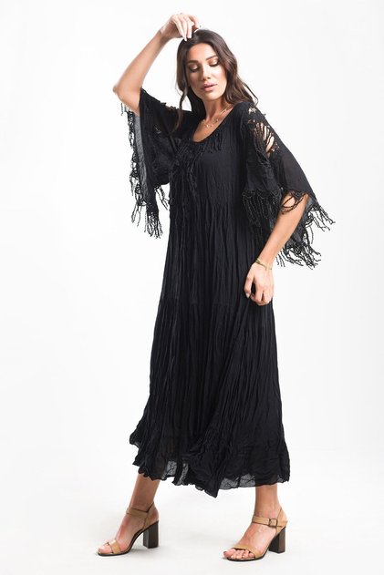 Women's Black Authentic Voile Cotton Guipure Detailed Spanish Sleeve Maxi Dress