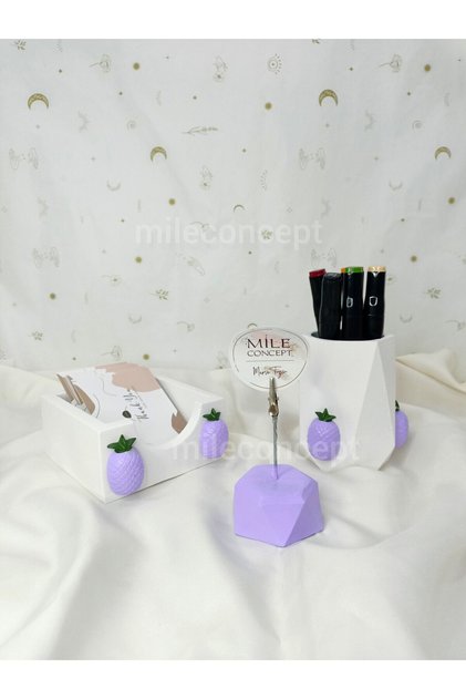 Desktop 3D Pineapple Patterned Concrete Office Set Lilac