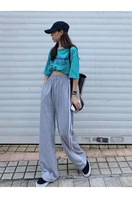 Gray Double Striped Women's Wide Leg Sweatpants