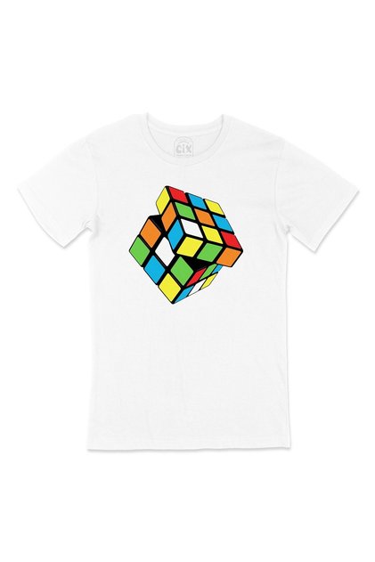Rubik's Cube Design White T-Shirt with Pocket Logo Design