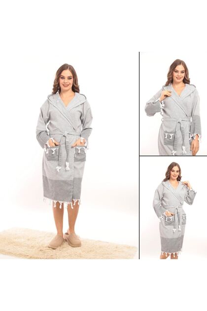 Hürrem Tasseled Hooded Bath Sauna Pool Beach Women Men Unisex Cotton Loincloth Bathrobe with Pockets