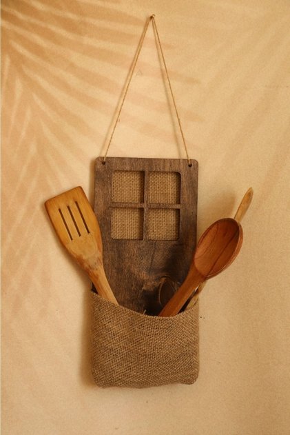 Decorative Handmade Wall - Wooden Window and Wicker Spoon Holder Detailed